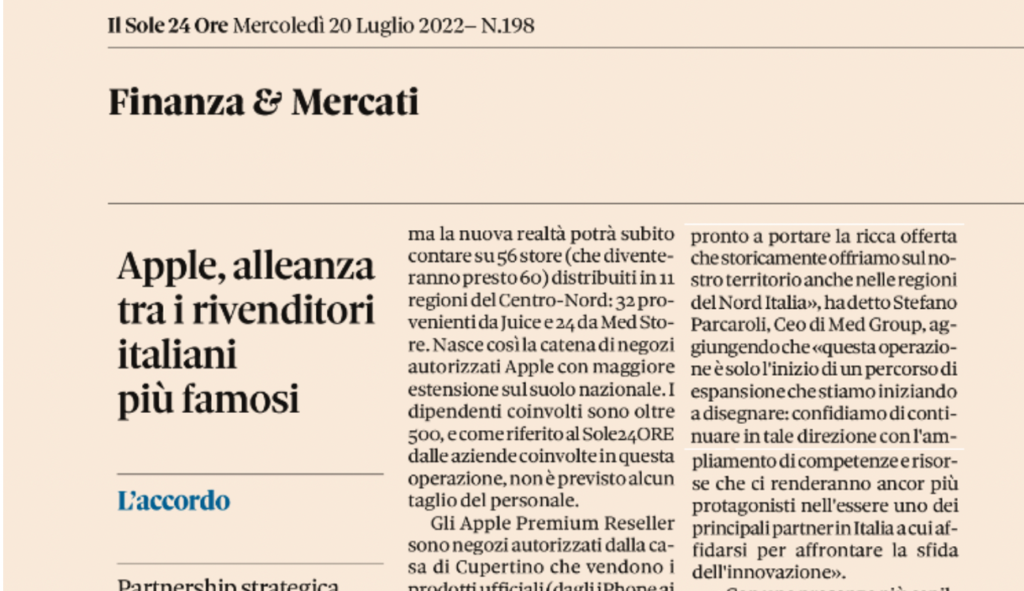 REKORDATA, Juice e Med Group si uniscono per dare vita al primo player Apple Premium Reseller italiano per numero di punti vendita e certificazioni e la catena di negozi autorizzati Apple di maggiore estensione in Europa.